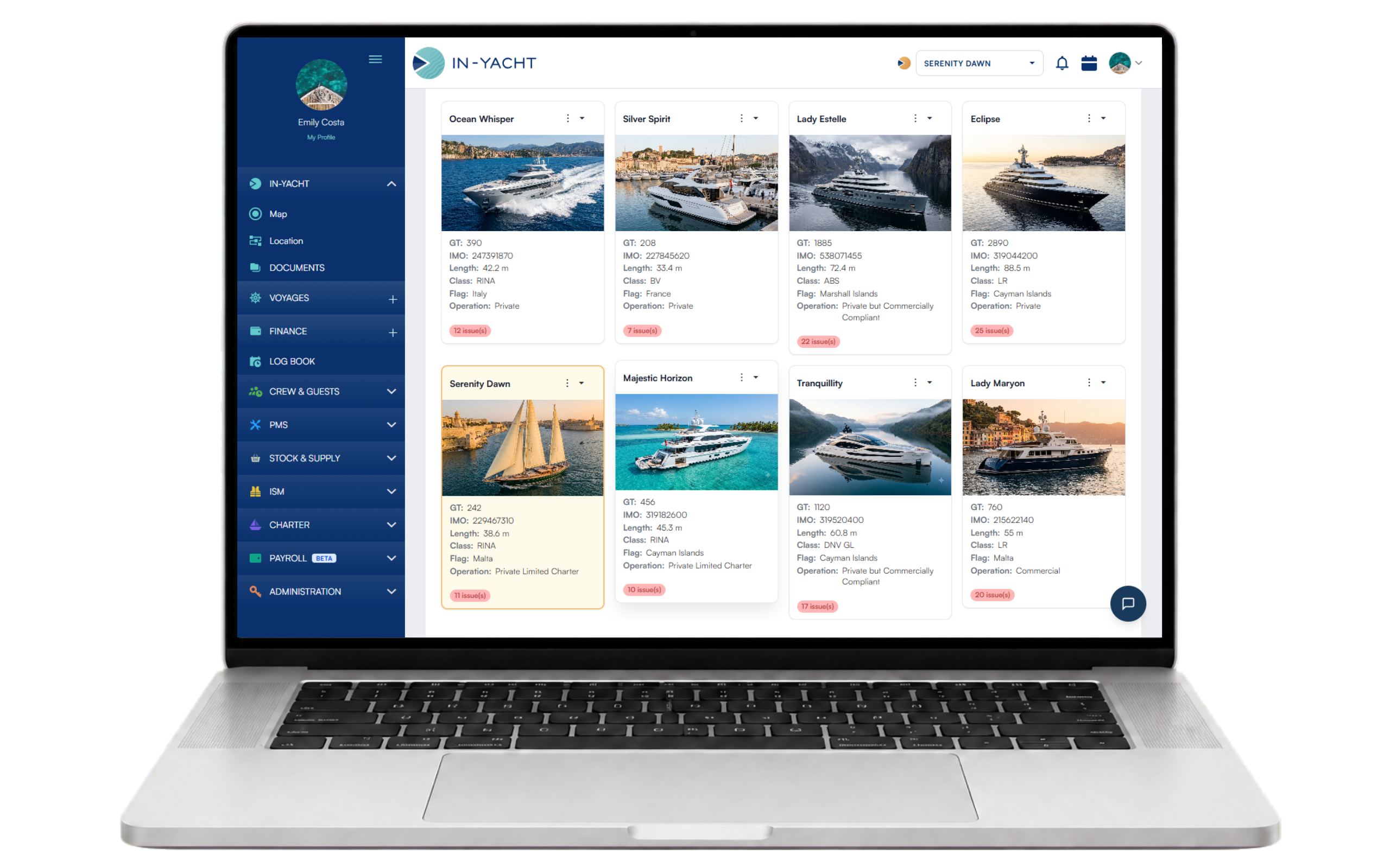 IN-YACHT yacht fleet management dashboard for multiple vessels