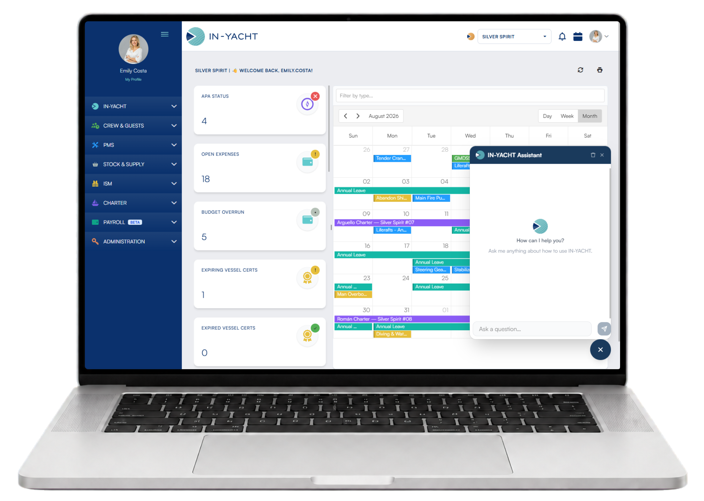 IN-YACHT yacht management dashboard with calendar, priorities and integrated AI assistant