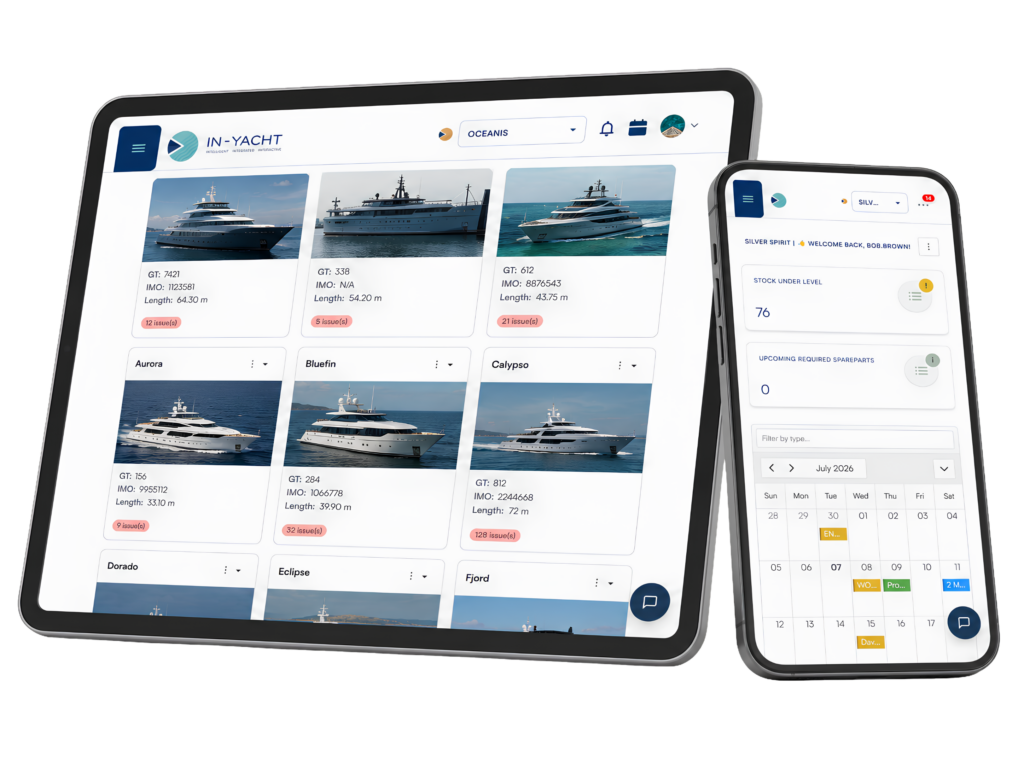 Alt: IN-YACHT yacht management software dashboard on tablet and smartphone