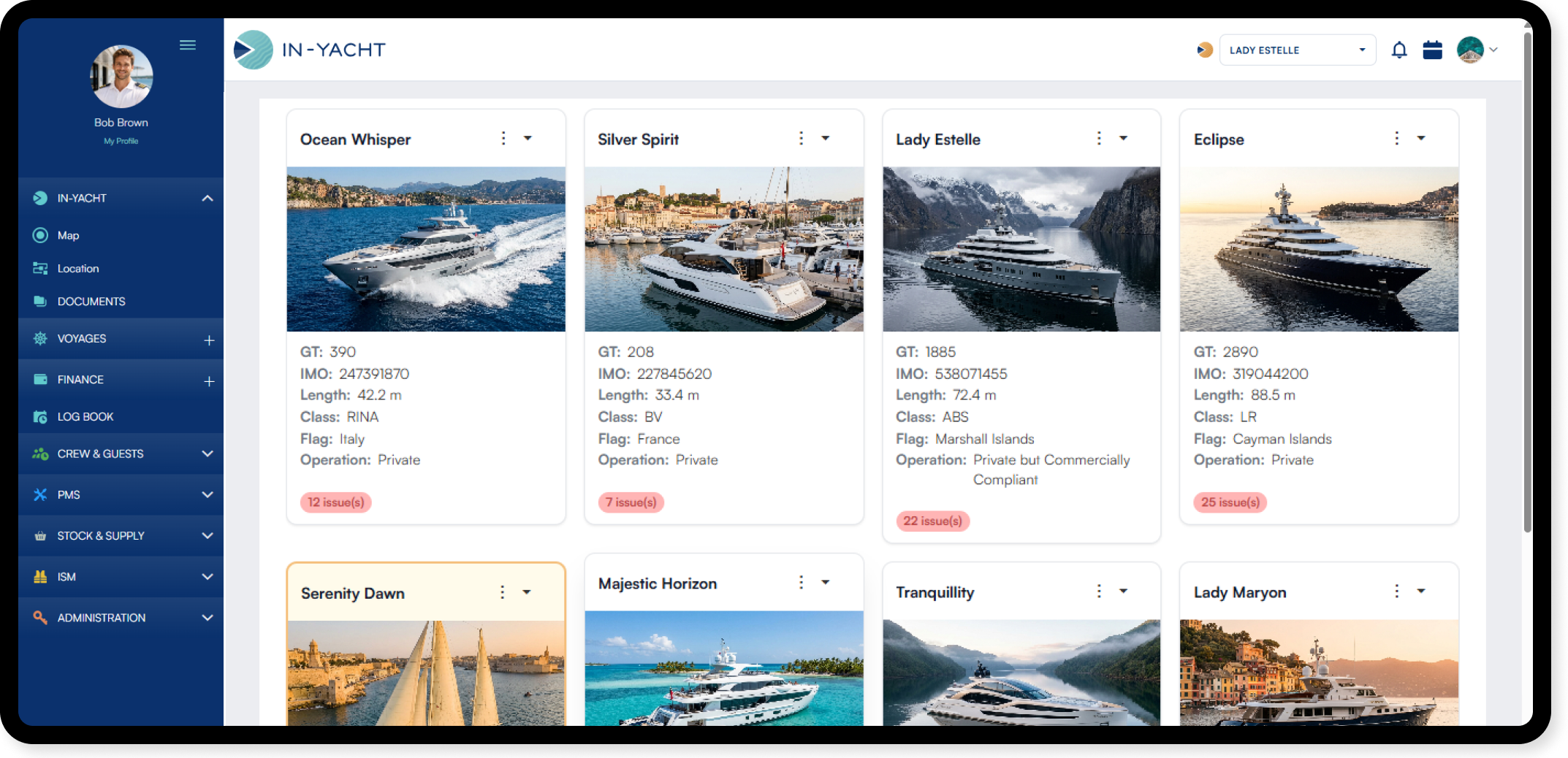 IN-YACHT fleet overview showing multiple yachts, vessel details and operational issues